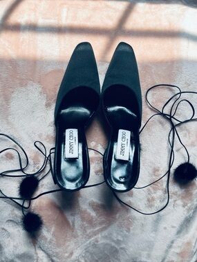 Jimmy Choo Black Lace-Up Pointed Mules with Pom-Pom Ties